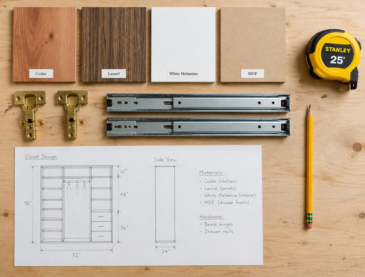 Muestras de madera, bisagras y cinta métrica sobre la mesa de trabajo